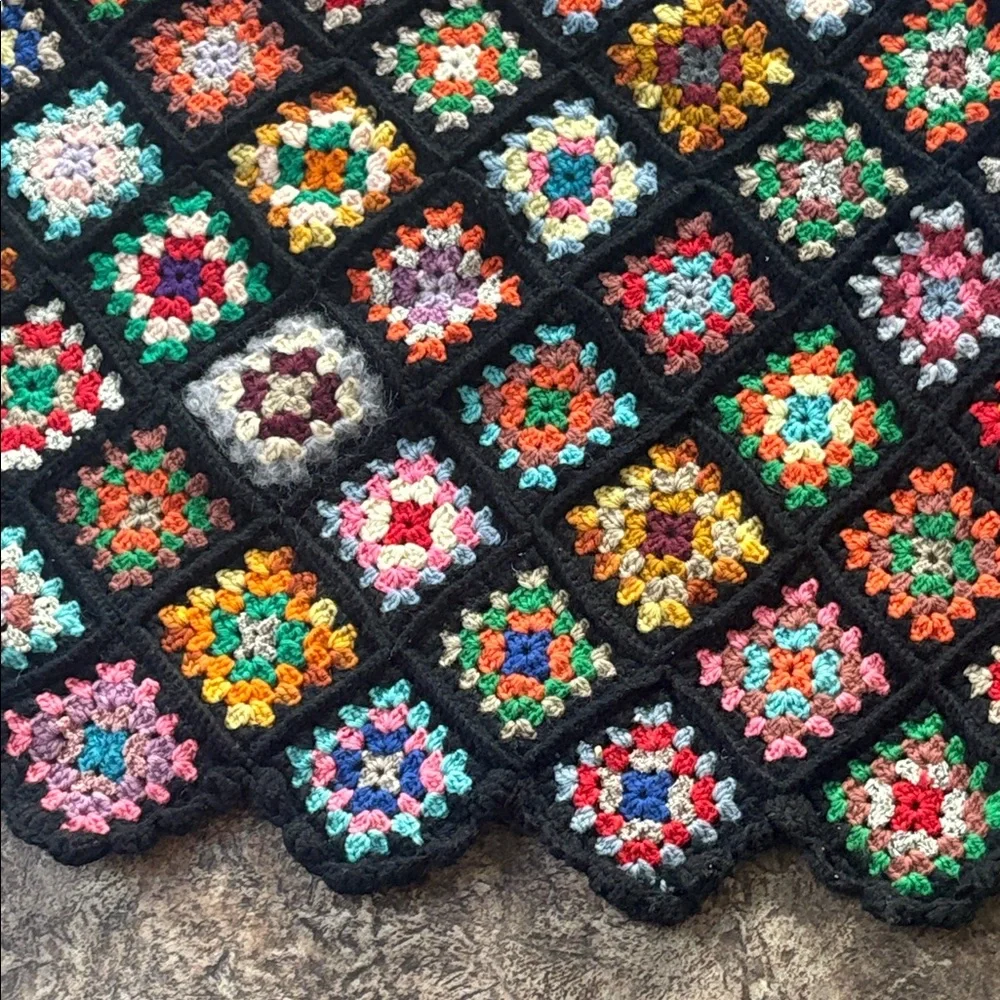 Vintage Black Trim Granny Square Afghan Roseanne Couch Blanket